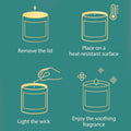 GoHooked ViMe white scented candle instructions: remove lid, place on heat-resistant surface, light wick, enjoy fragrance.