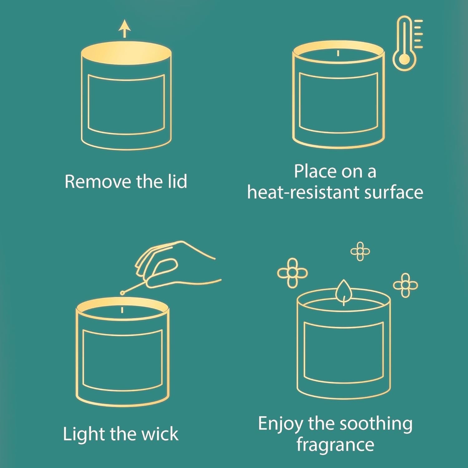 GoHooked ViMe white scented candle instructions: remove lid, place on heat-resistant surface, light wick, enjoy fragrance.