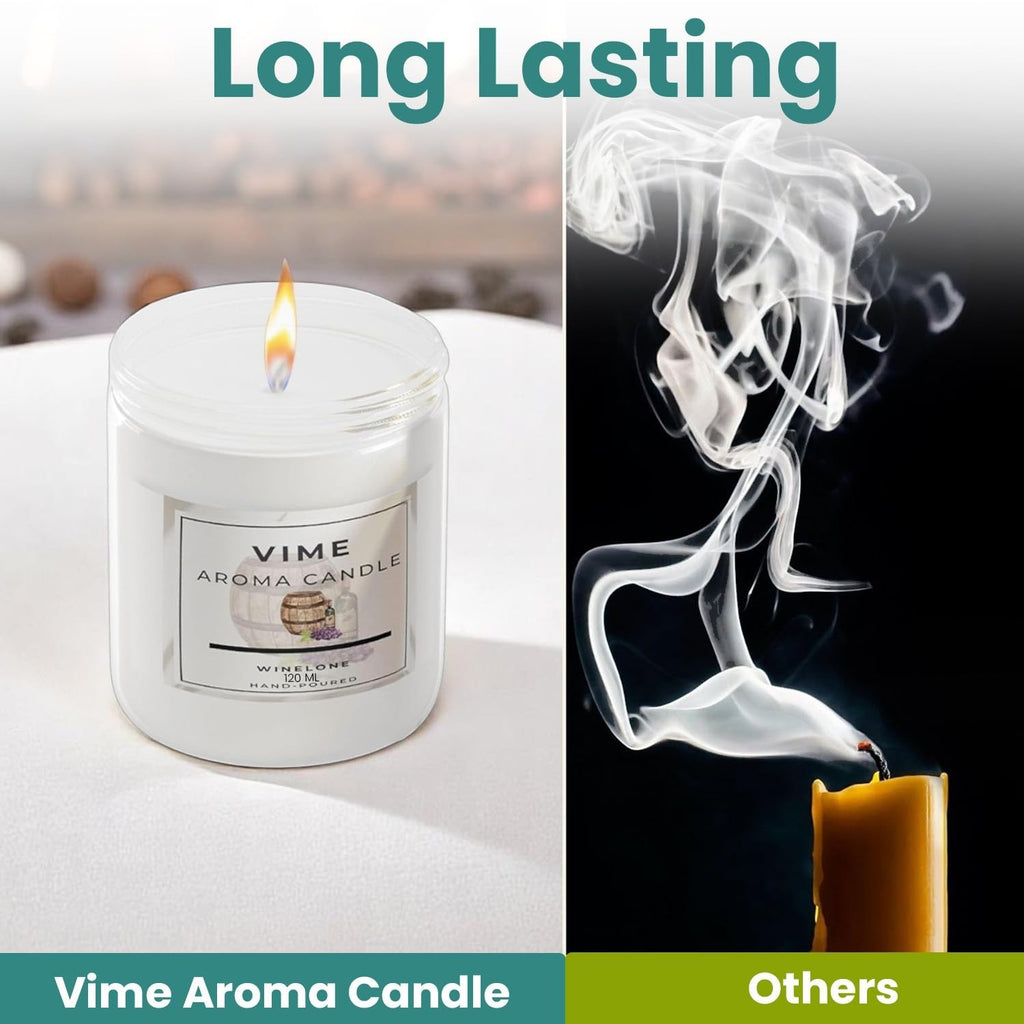GoHooked Vime white aroma candle with Winelone fragrance, 120 gm, 35-hour burn time, aromatherapy benefits.
