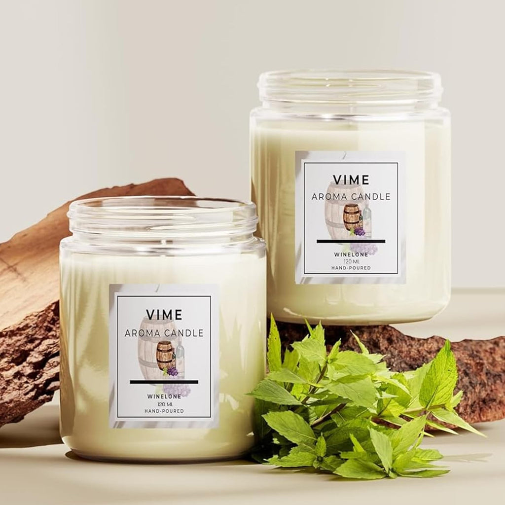 GoHooked ViMe white aroma candle in glass jar with Winelone fragrance, 120ml, hand-poured, 35-hour burn time.