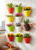 GoHooked multicolor plastic wall hanging planters filled with flowers and herbs on a white brick wall.
