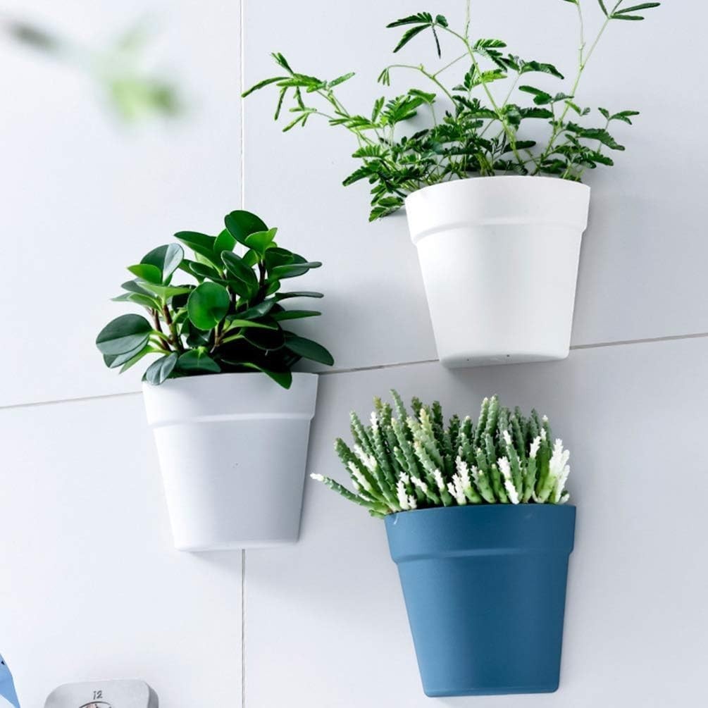 GoHooked wall hanging planters in white and blue, made of plastic, holding various plants.