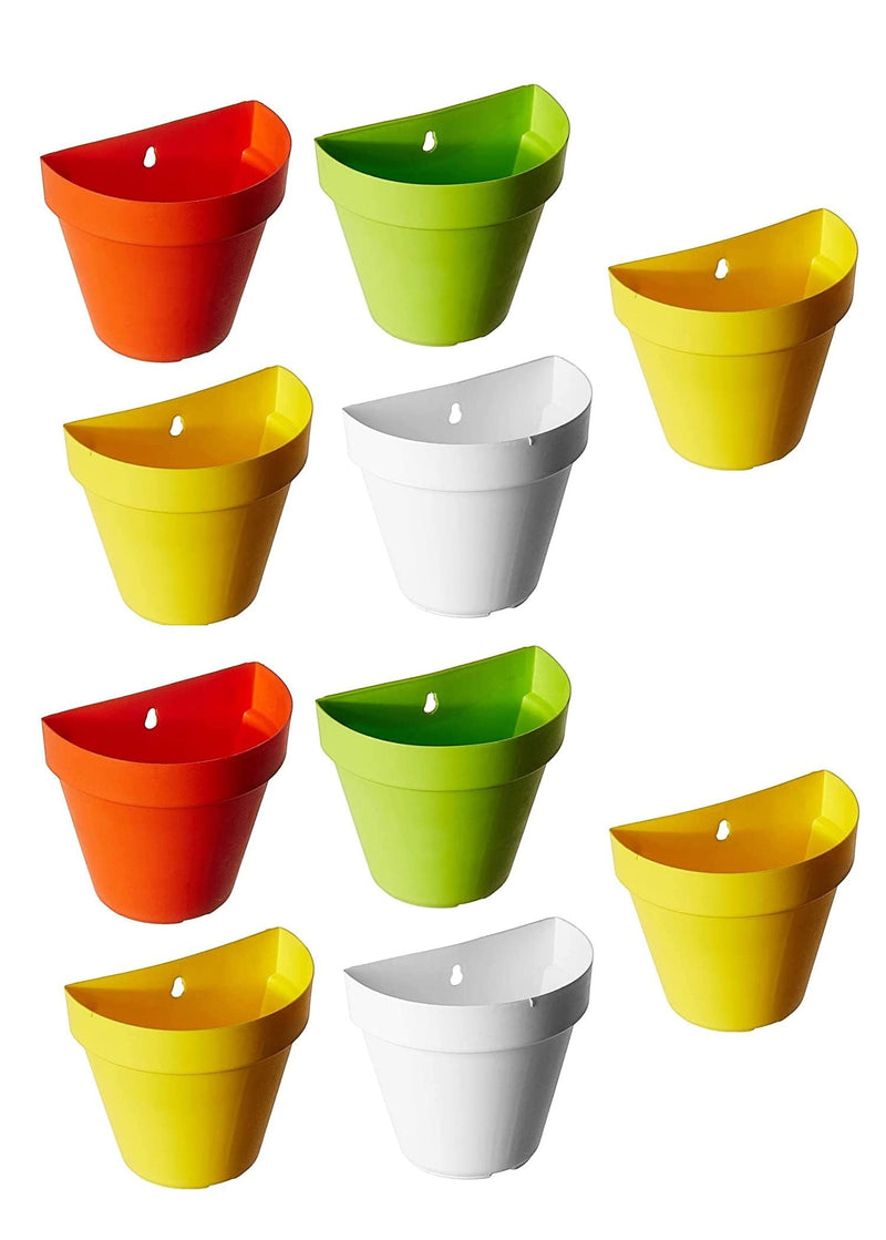 GoHooked set of 10 multicolor plastic wall hanging planters. Assorted colors include orange, green, yellow, and white.