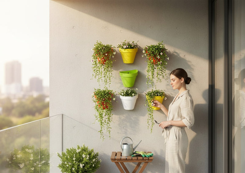 GoHooked set of 5 colorful plastic wall-mounted planter pots: red, green, yellow, orange, and white. Semi-circular design with drainage hole.