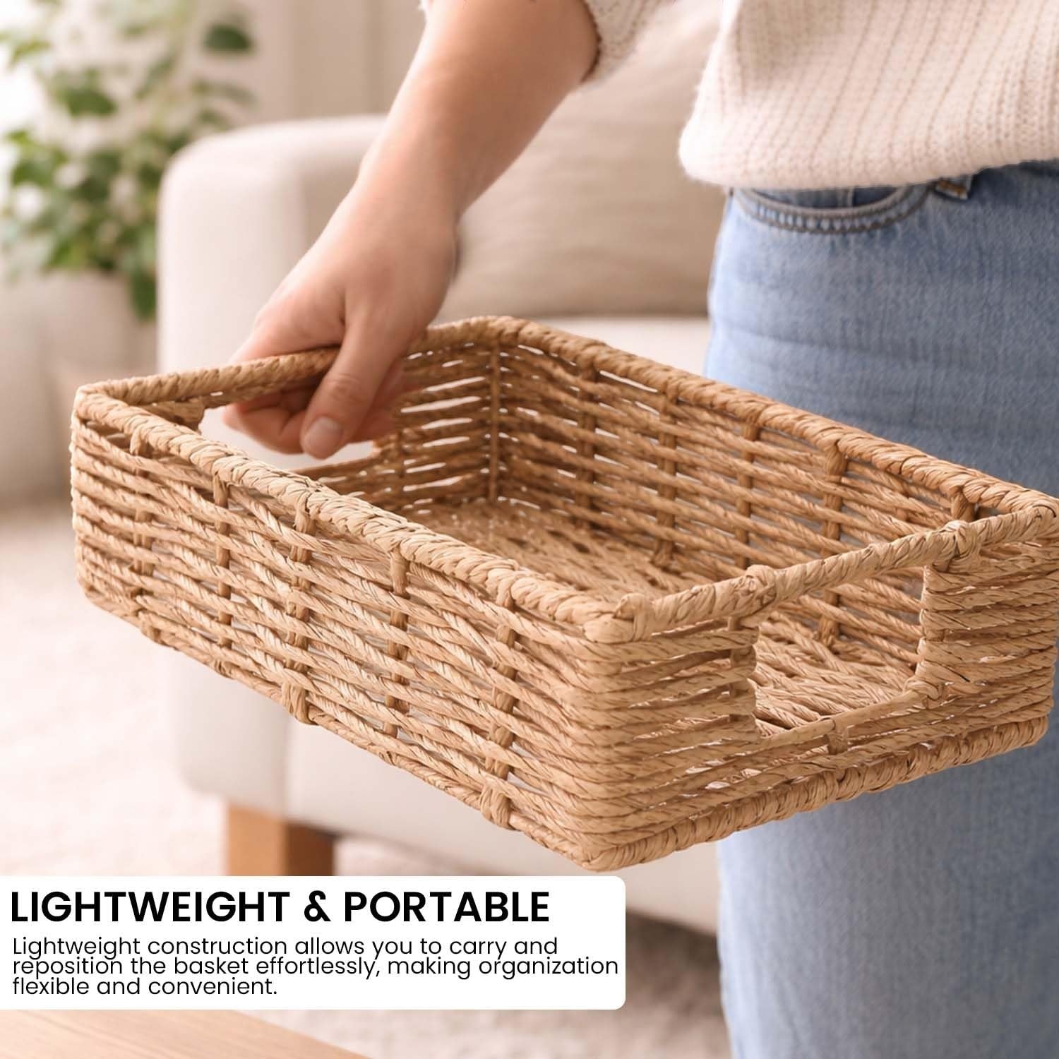 GoHooked handwoven brown water hyacinth seagrass rectangular storage basket with handles.