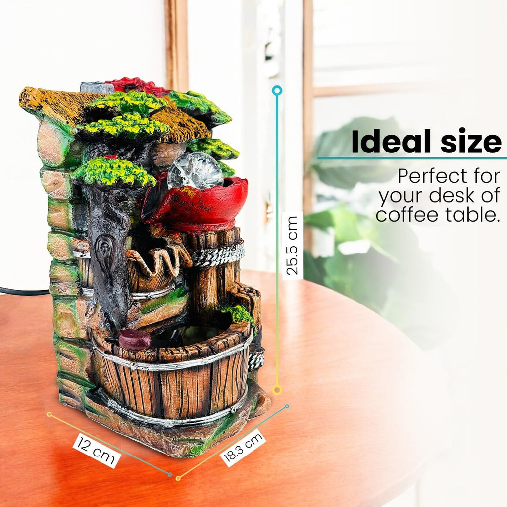 GoHooked multicolour polyresin tabletop waterfall fountain with LED lights and adjustable speed control, 25.5 cm tall.