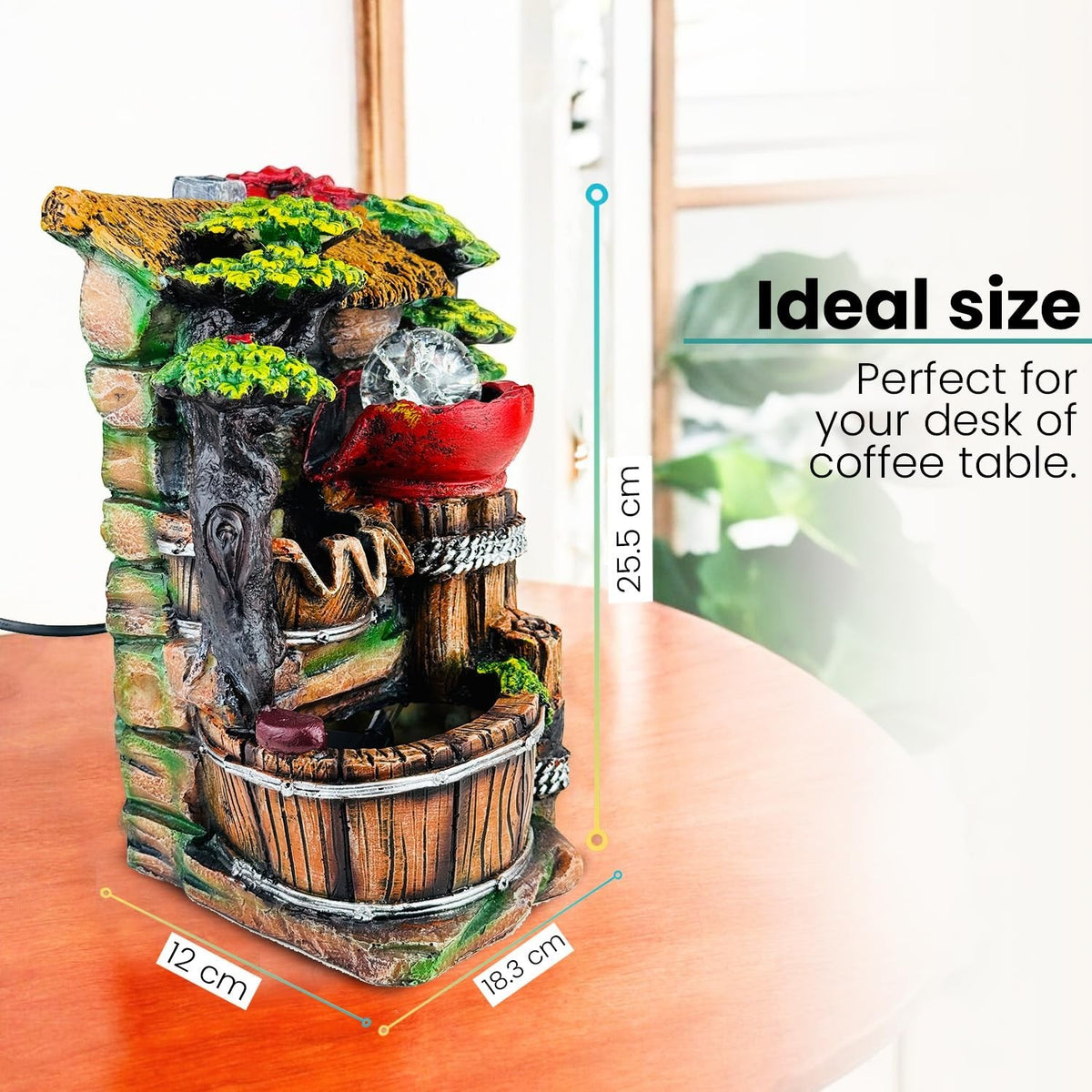 GoHooked multicolour polyresin tabletop waterfall fountain with LED lights and adjustable speed control, 25.5 cm tall.