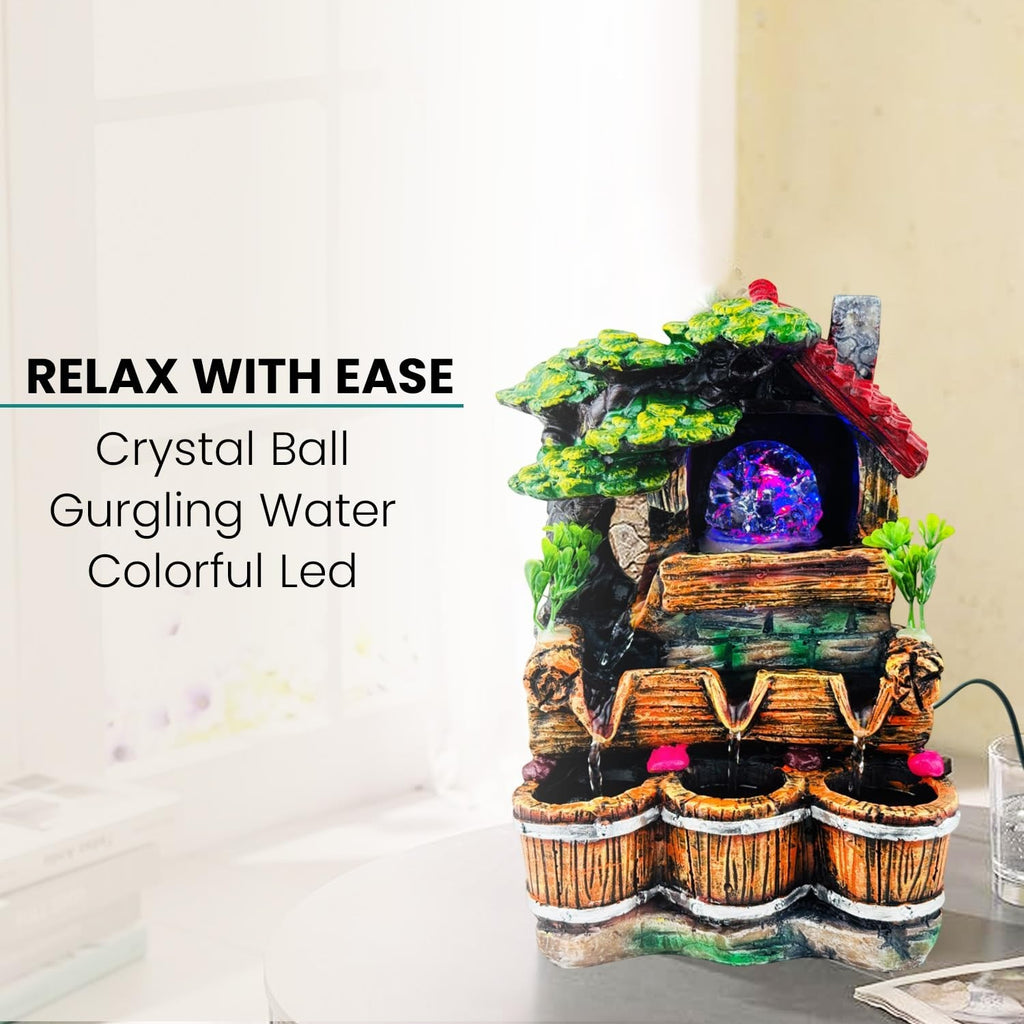 GoHooked multicolour polyresin tabletop waterfall fountain with crystal ball and LED lights, 25.5 cm.