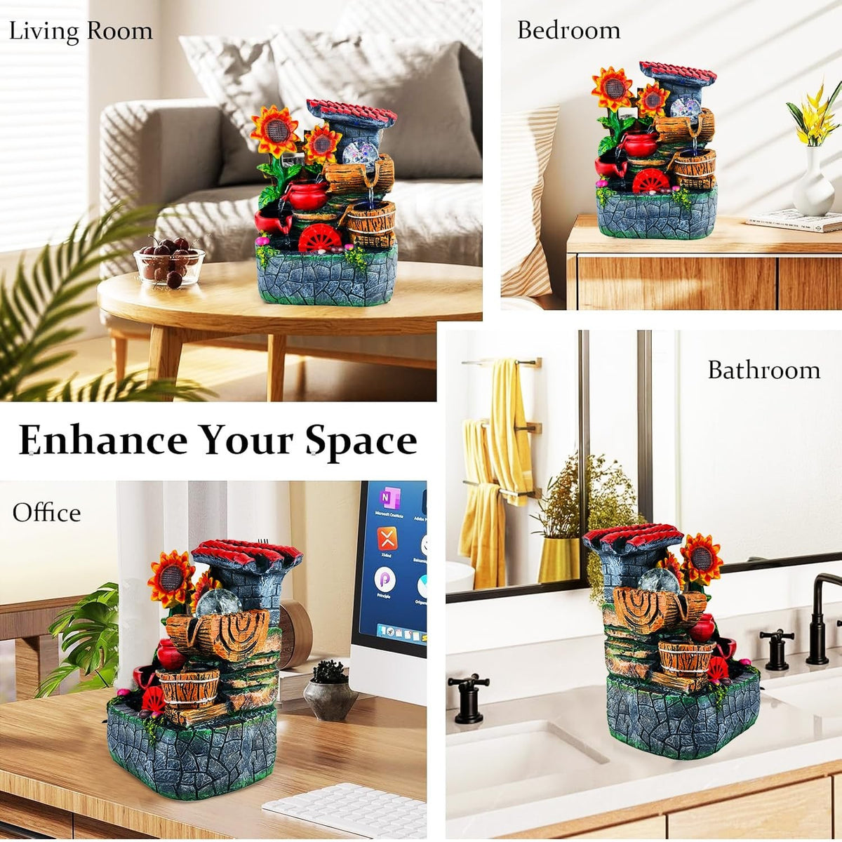 GoHooked multicolour polyresin waterfall fountain with LED lights and adjustable speed control, featuring sunflowers and barrels.