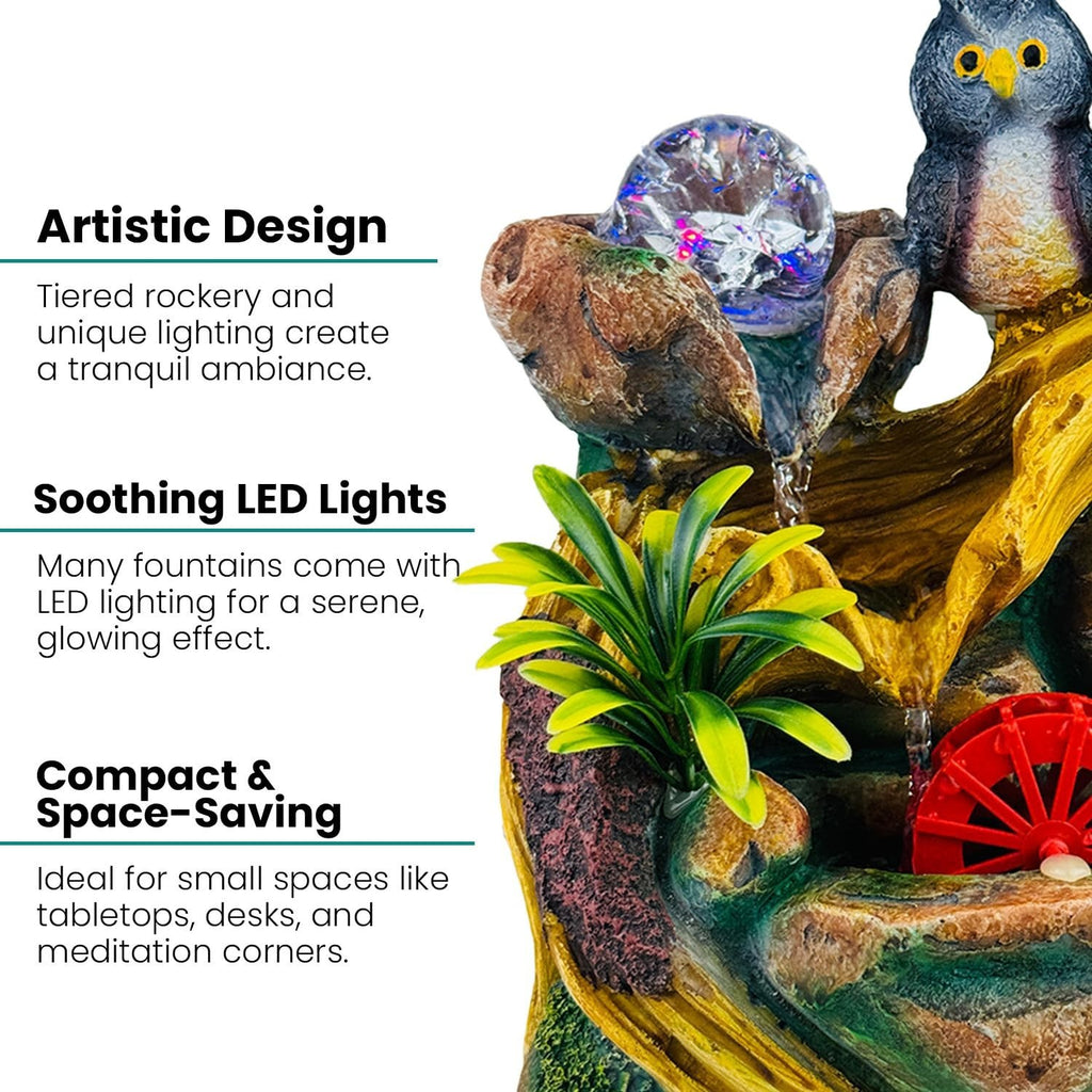 GoHooked polyresin tabletop waterfall fountain with owl, LED lights, and red water wheel. Multicolour.