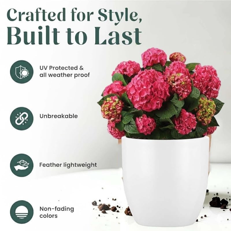 GoHooked white 10-inch Pluto Pot planter with pink hydrangeas. Made from durable, lightweight polymer, it's UV protected and weather-proof.
