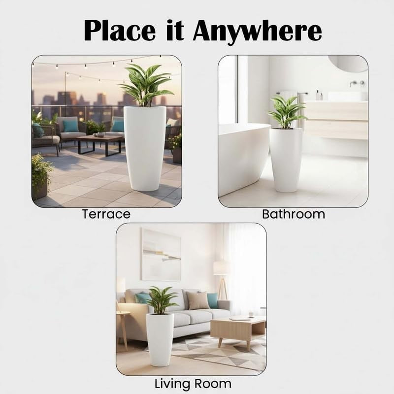 GoHooked white 18-inch tall modern polymer planter pot with drainage, suitable for indoor/outdoor use.