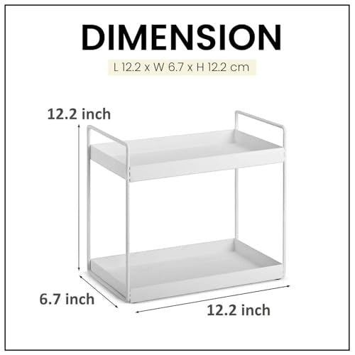 GoHooked white 2-tier iron countertop organizer rack, 12.2" L x 6.7" W x 12.2" H, for kitchen, pantry, bathroom, office.