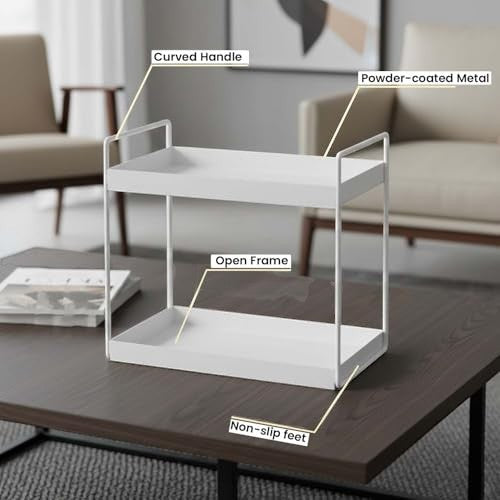 GoHooked white 2-tier iron countertop organizer with open frame and curved handles. Powder-coated metal.