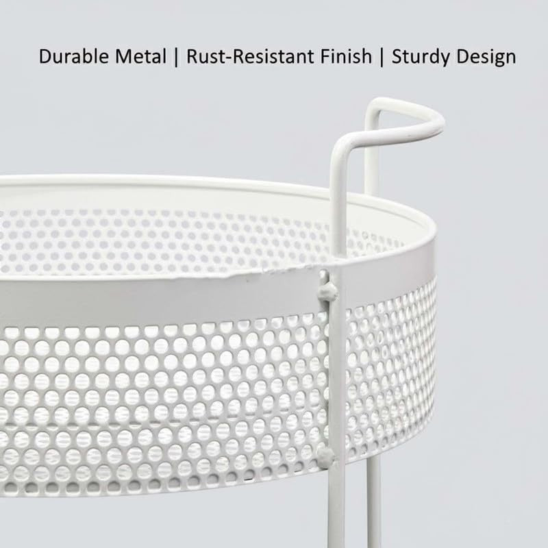 GoHooked white 2-tier metal mesh countertop storage basket with handles, perfect for spices, fruits, or cosmetics.