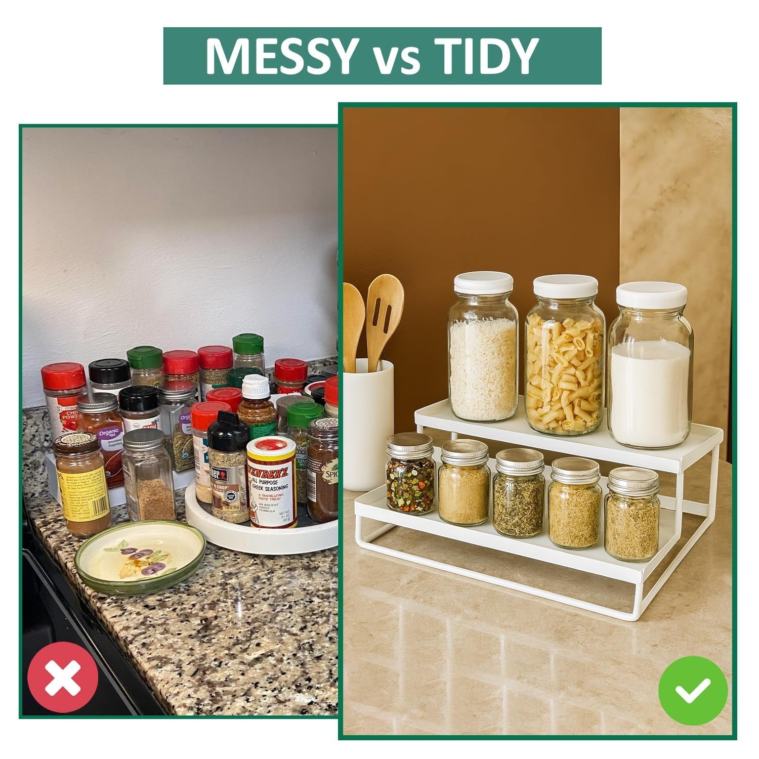 GoHooked white 2-tier metal standing rack organizer displaying jars of pasta, rice, and spices.