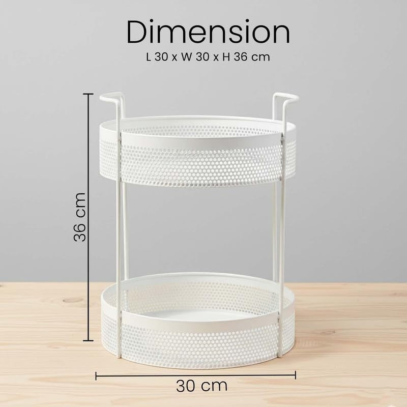 Go Hooked white 2-tier metal mesh round storage basket with handles. Ideal for countertop, vanity, or pantry organization.