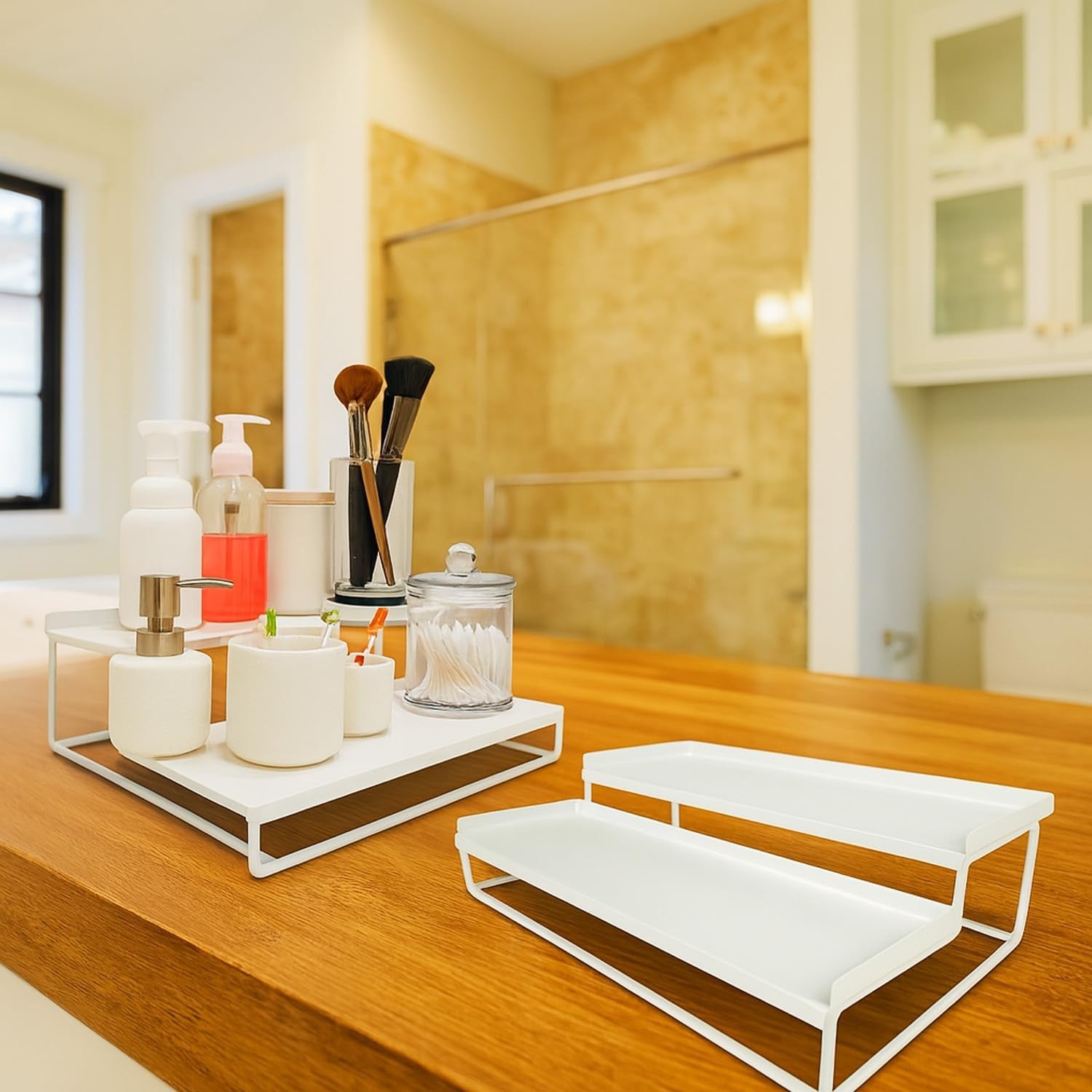 GoHooked white 2-tier metal standing rack organizer for countertop, bathroom, or vanity storage. Holds cosmetics, spices, and essentials.