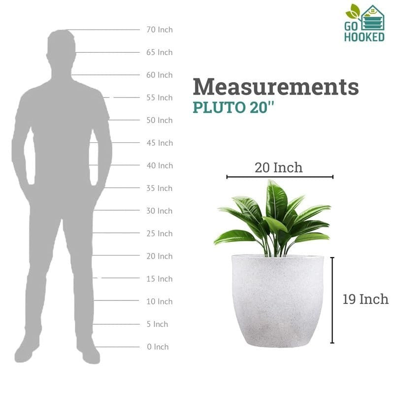 GoHooked white 20-inch polymer planter pot with a modern round design, shown next to a life-size silhouette for scale.