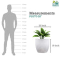 GoHooked white 20-inch polymer planter pot with a modern round design, shown next to a life-size silhouette for scale.