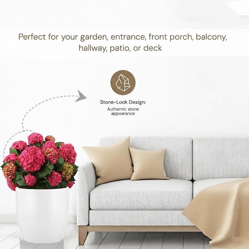 GoHooked white 22-inch polymer planter pot with pink flowers, modern round design, perfect for living room or balcony.