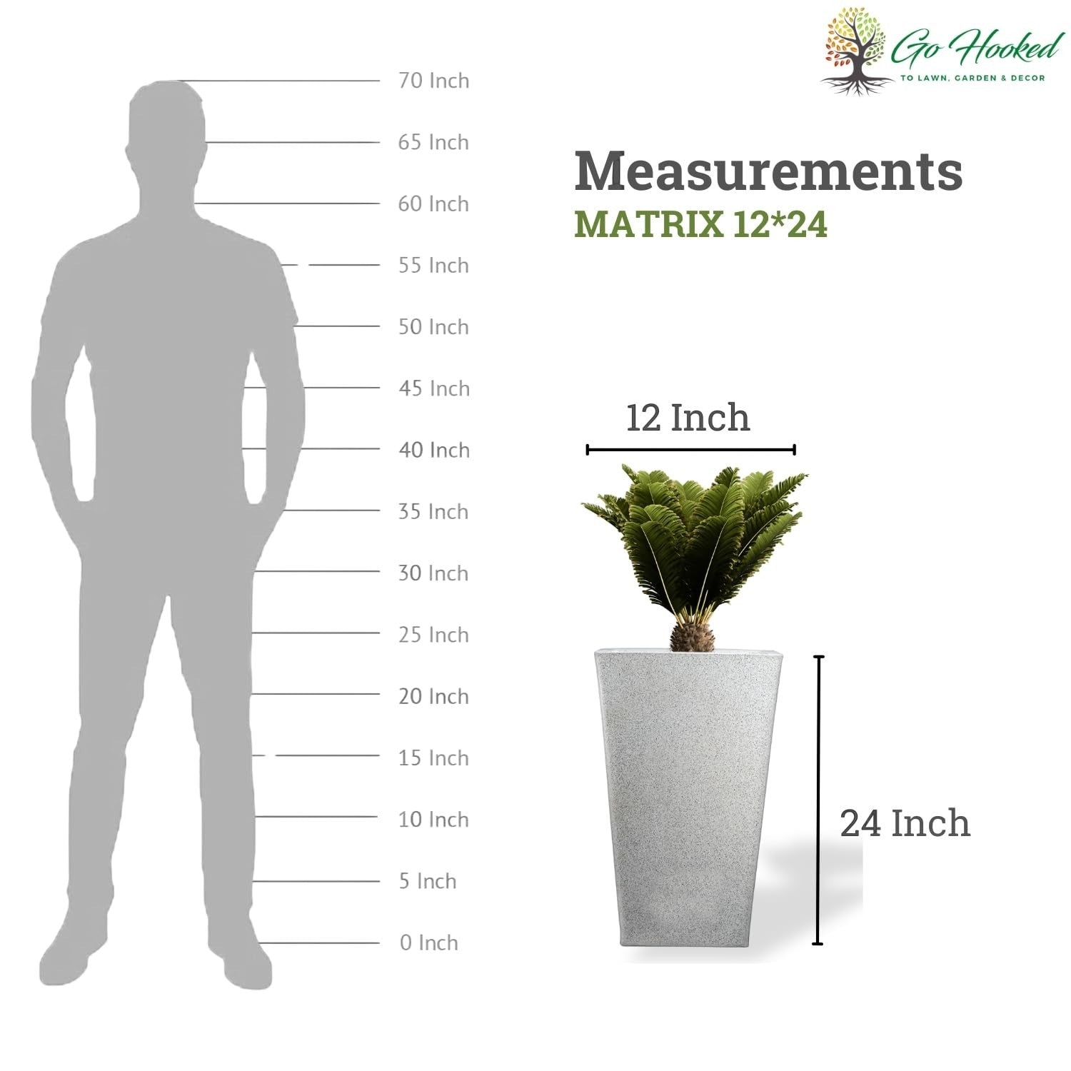 Go Hooked white 24-inch tall, 12-inch wide tapered polymer planter with a speckled finish, shown with a plant.