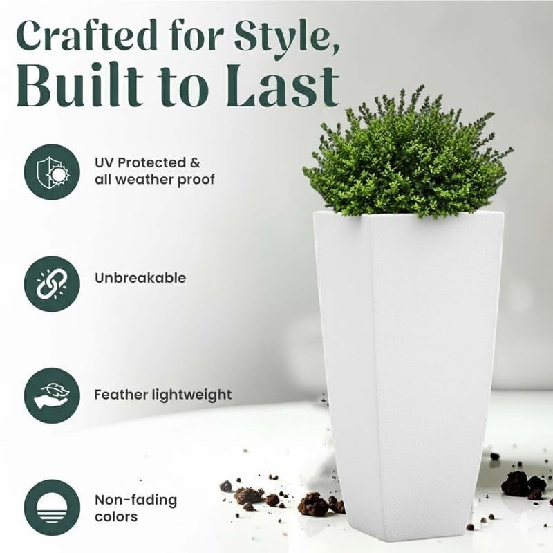 Go Hooked white 24-inch tall square polymer planter with a small green plant. Features UV protection, unbreakable, lightweight, and non-fading.