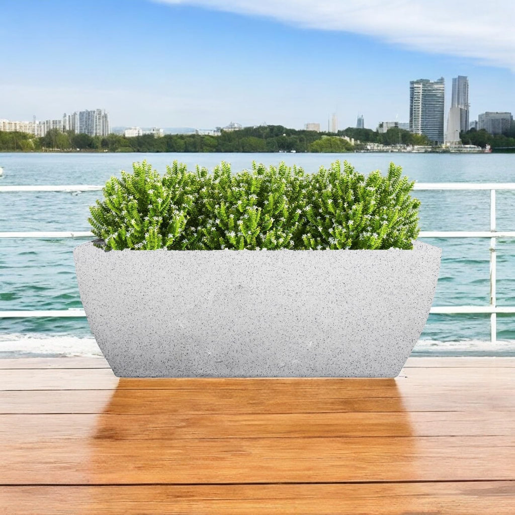 Go Hooked 24-inch white rectangular polymer planter pot with drainage hole, ideal for outdoor and indoor plants.