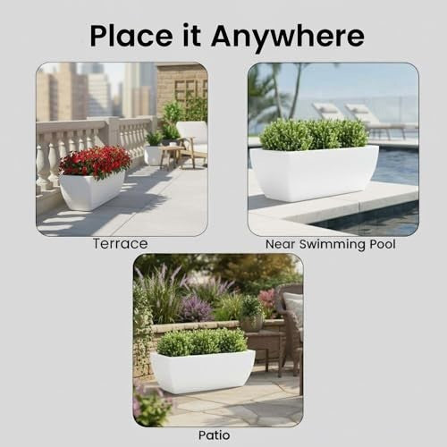 GoHooked white 24-inch rectangular polymer planter pot with drainage, ideal for outdoor and indoor use.