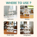 GoHooked white 3-tier curved metal vanity organizer rack for bathroom, kitchen, desk. Powder coated iron.
