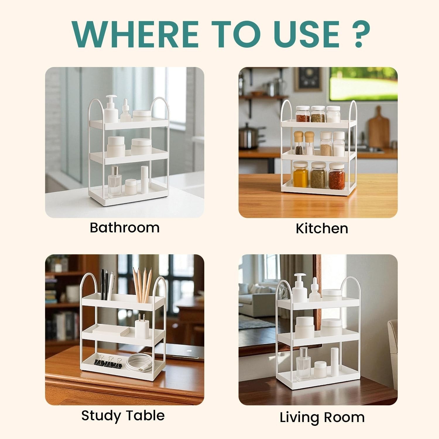 GoHooked white 3-tier curved metal vanity organizer rack for bathroom, kitchen, desk. Powder coated iron.