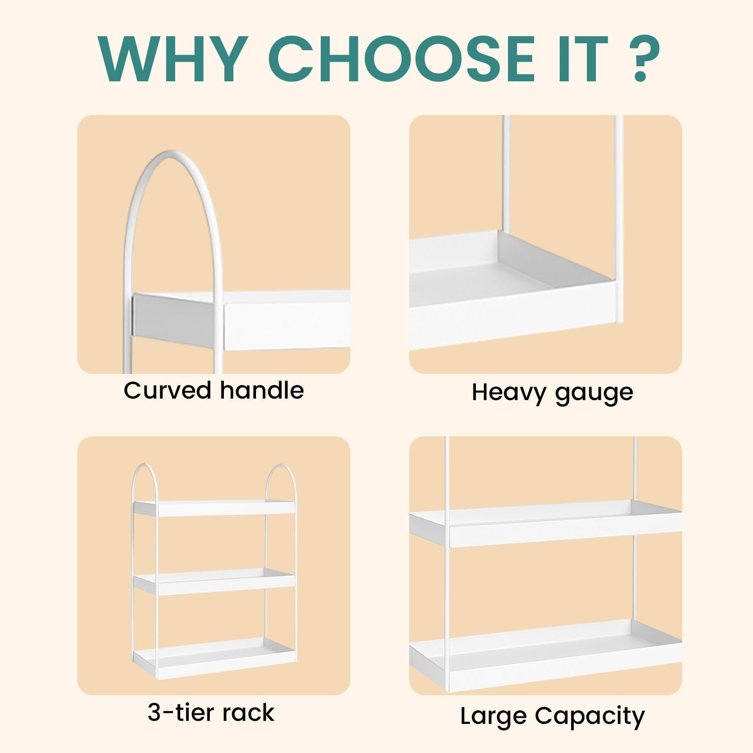 GoHooked white 3-tier curved metal vanity organizer with large capacity and curved handles. Powder-coated iron.