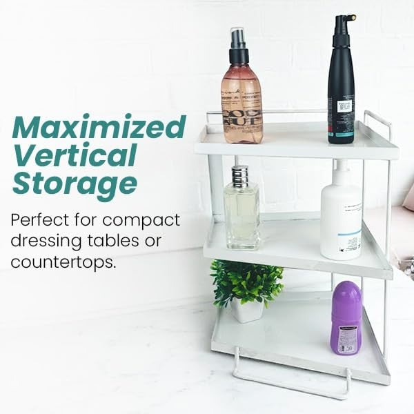 GoHooked white 3-tier iron countertop storage organizer rack with bottles and toiletries