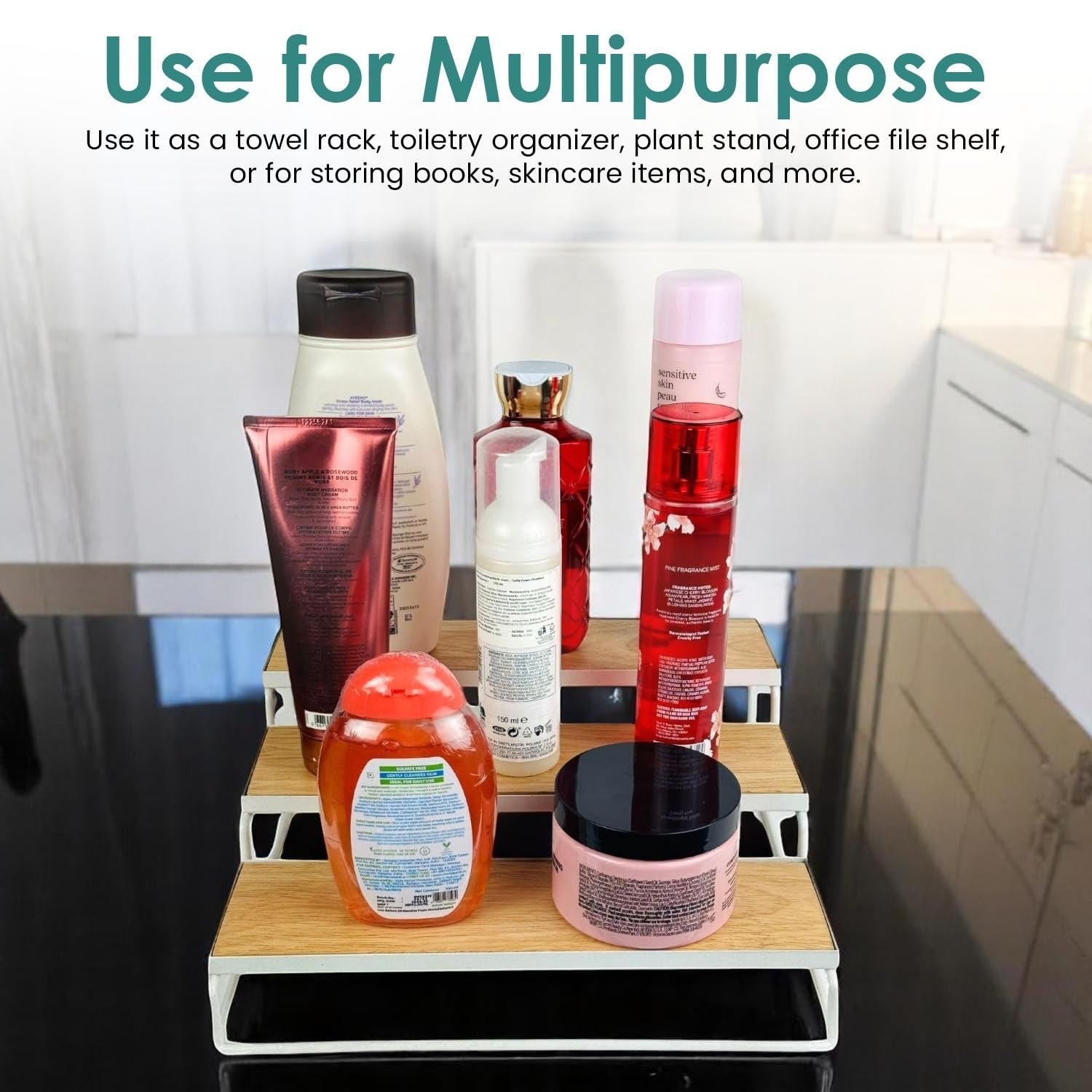 GoHooked white 3-tier iron countertop organizer rack holding toiletries and skincare bottles.
