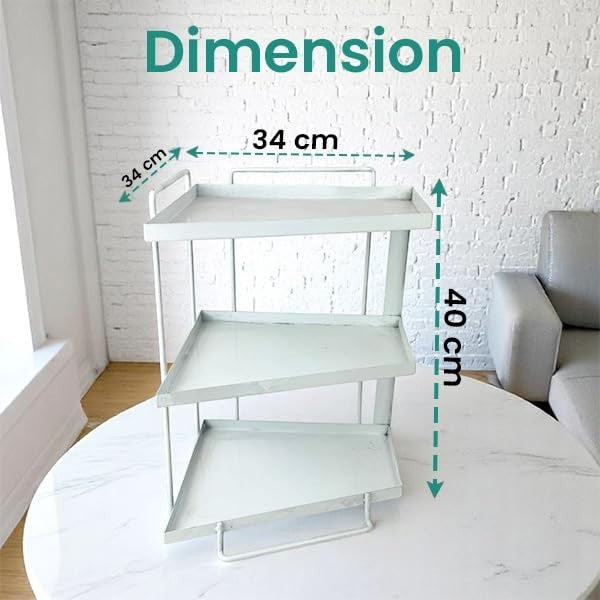 GoHooked white 3-tier iron countertop storage organizer rack, 40cm height, space-saving for kitchen or bathroom.
