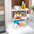 GoHooked white 3-tier iron countertop storage organizer rack with jars of spices, almonds, and candy, plus a toaster and bottles.