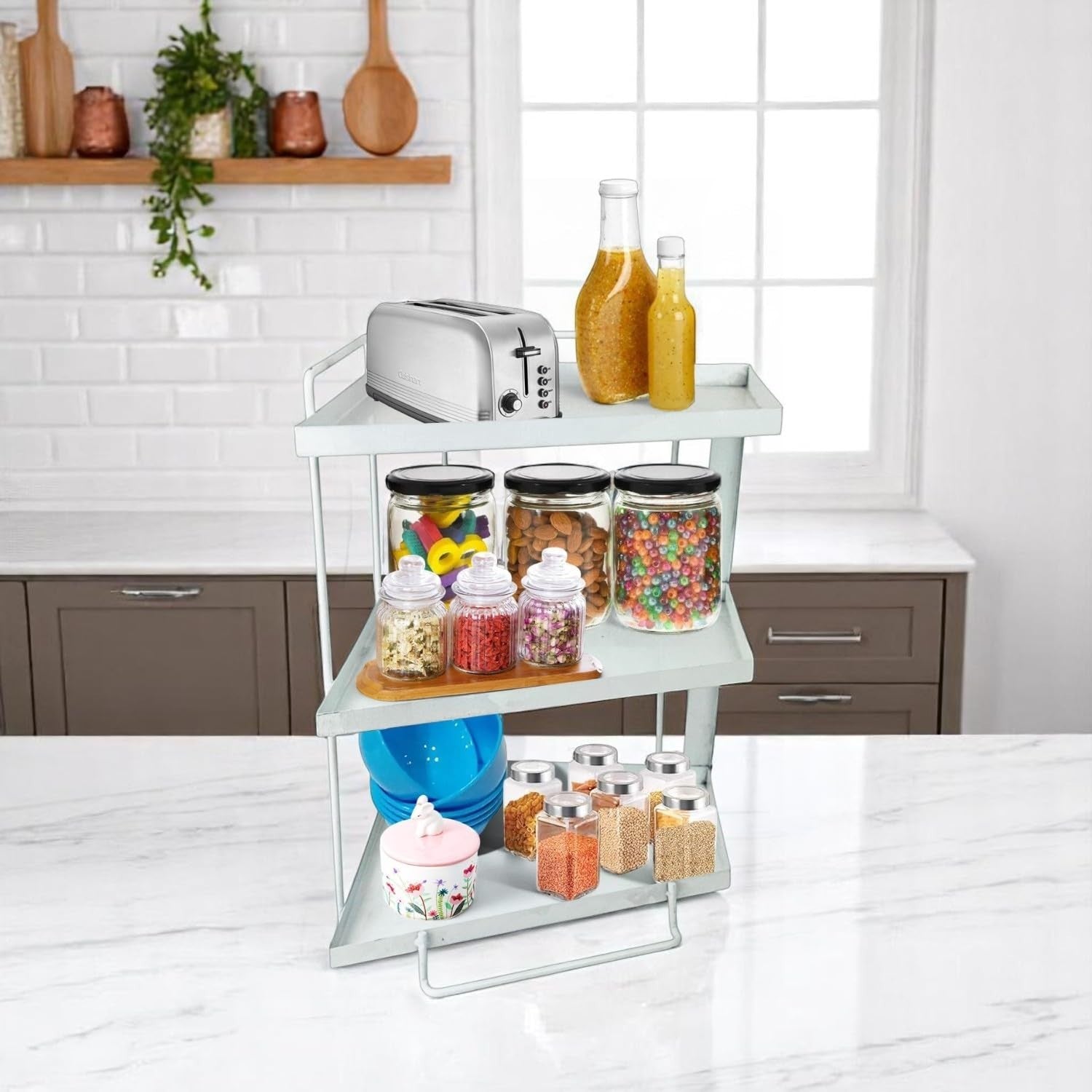 GoHooked white 3-tier iron countertop storage organizer rack with spices, jars, and toaster.