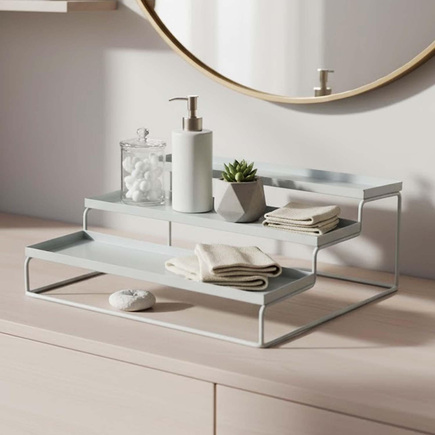 GoHooked white 3-tier metal spice rack organizer for countertop or cabinet storage. Features step shelves for easy visibility.