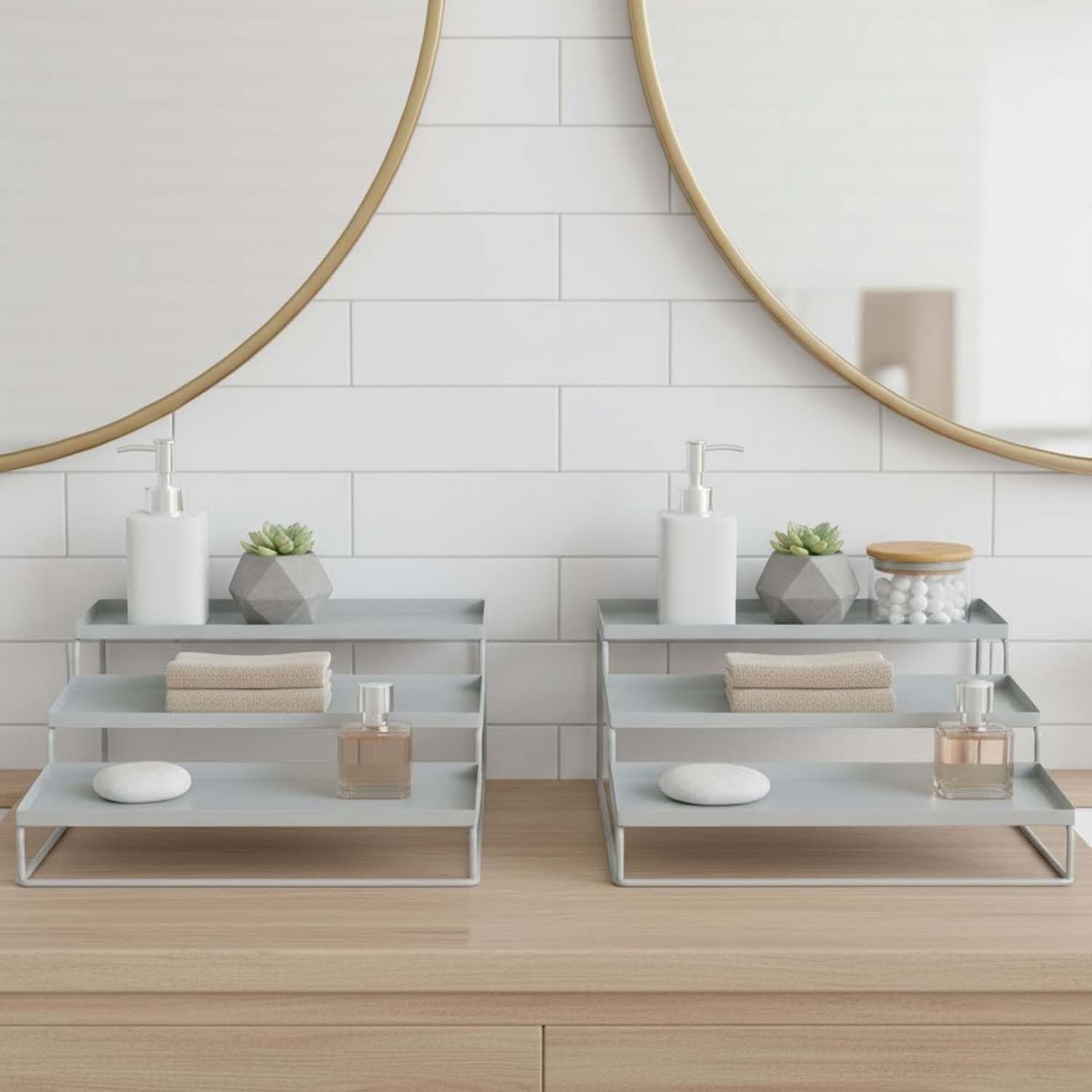 GoHooked white 3-tier metal spice rack organizer for countertop or cabinet storage. Features step shelves for easy visibility.