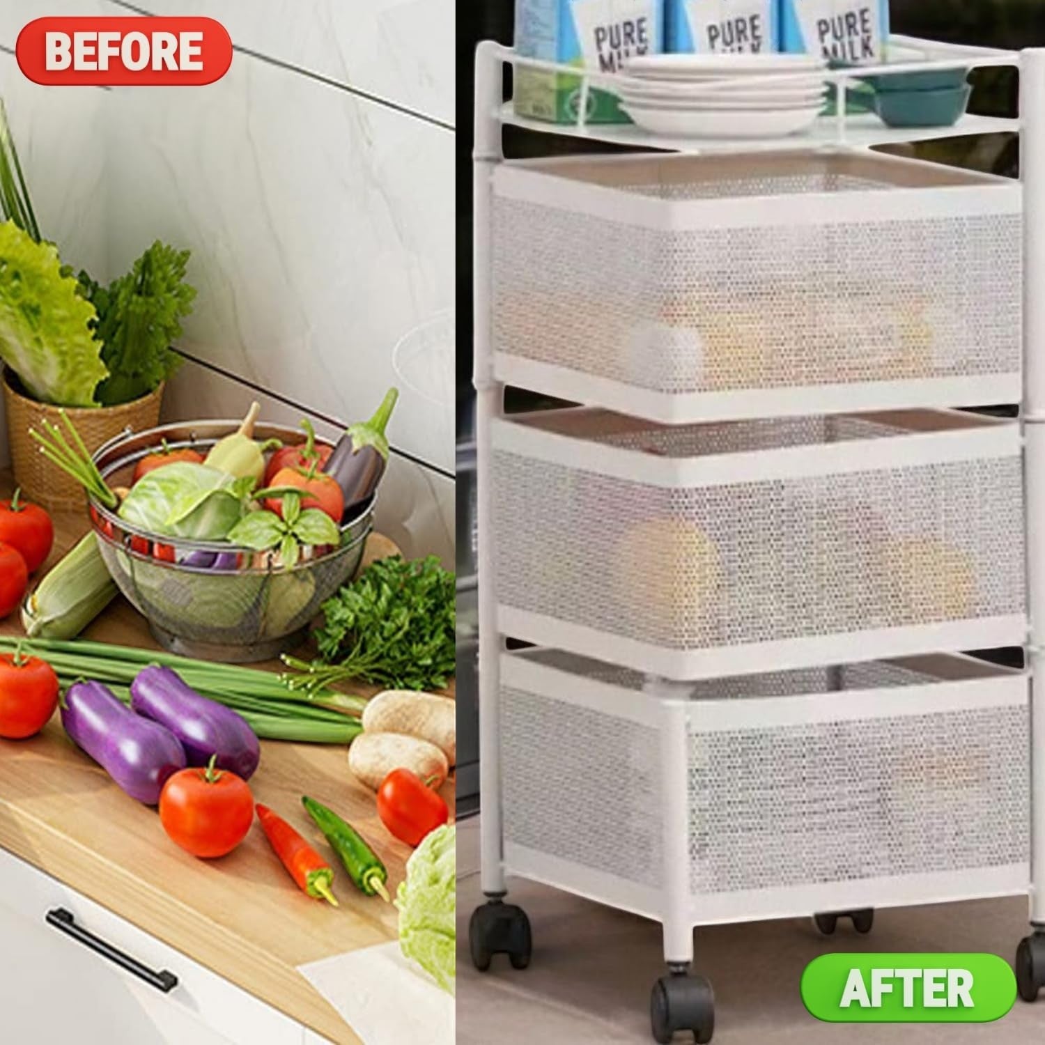 GoHooked white 3-tiered rotating metal mesh storage cart with wheels, perfect for kitchen or bathroom organization.