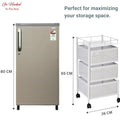 GoHooked white 3-tiered rotating metal storage cart with perforated baskets and wheels, perfect for kitchens or bathrooms.
