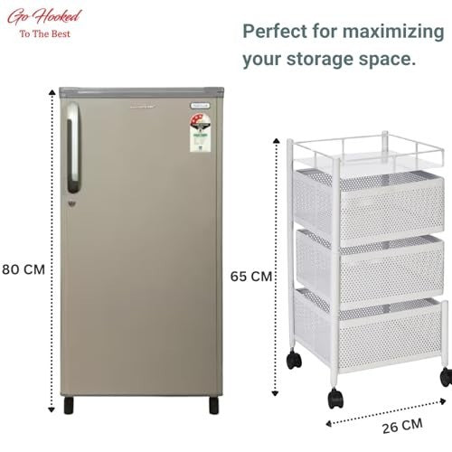 GoHooked white 3-tiered rotating metal storage cart with perforated baskets and wheels, perfect for kitchens or bathrooms.