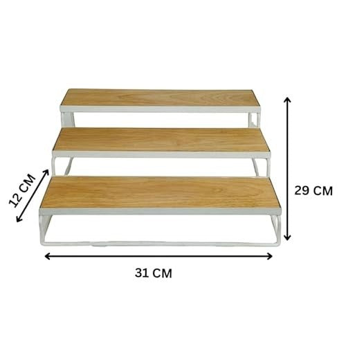 GoHooked white 3-tier wooden shelf organizer rack for spices, bathroom essentials, or vanity storage. Metal frame.