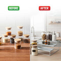 GoHooked white 3-tier step standing rack organizing spice jars and kitchen items. Made of powder-coated iron.