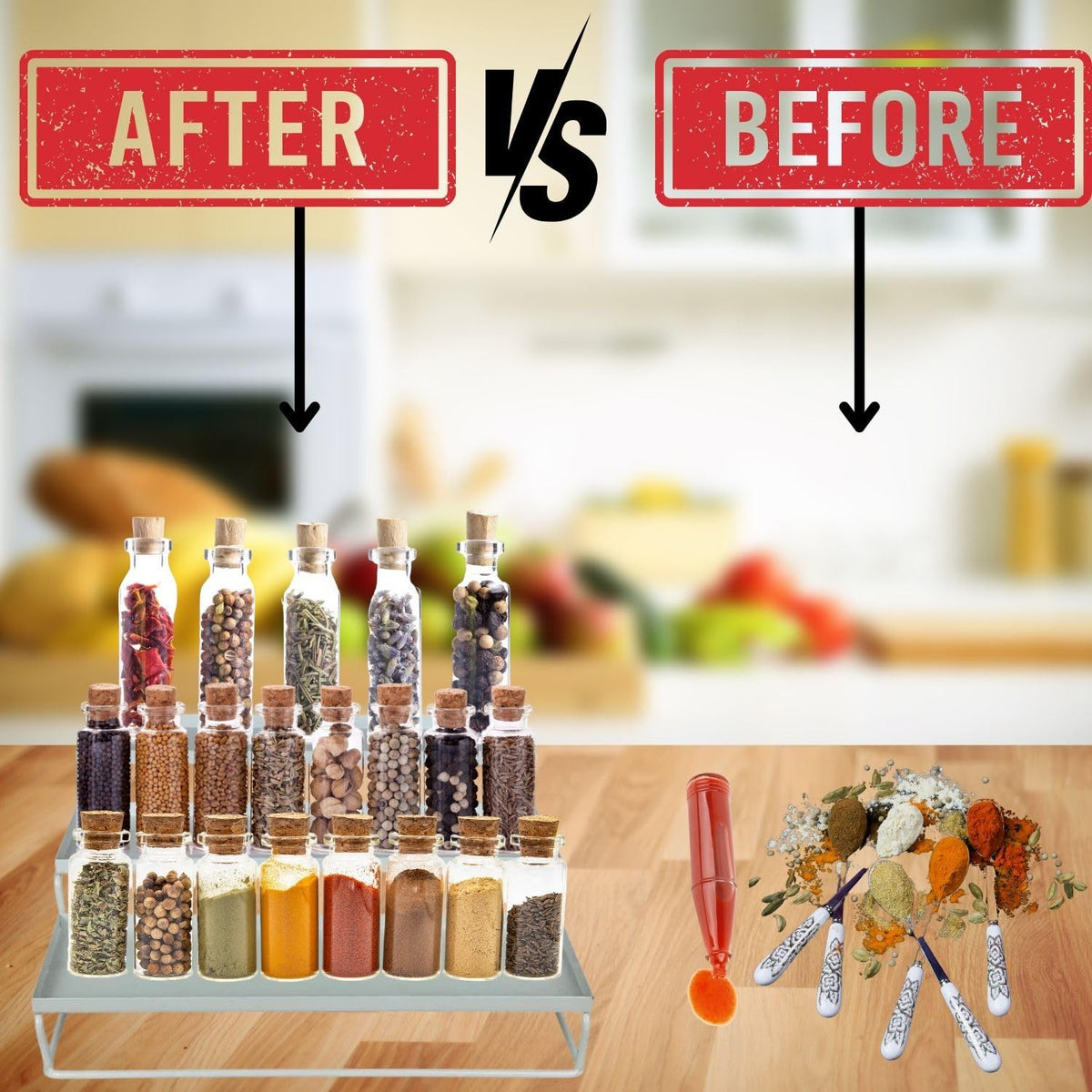 GoHooked white 3-tier metal step rack organizer for spice bottles and kitchen storage.