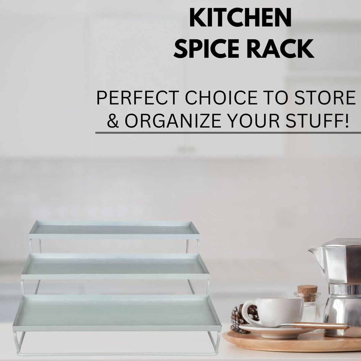 GoHooked white 3-tier step standing kitchen spice rack made of powder-coated iron. Ideal for organizing bottles and jars.