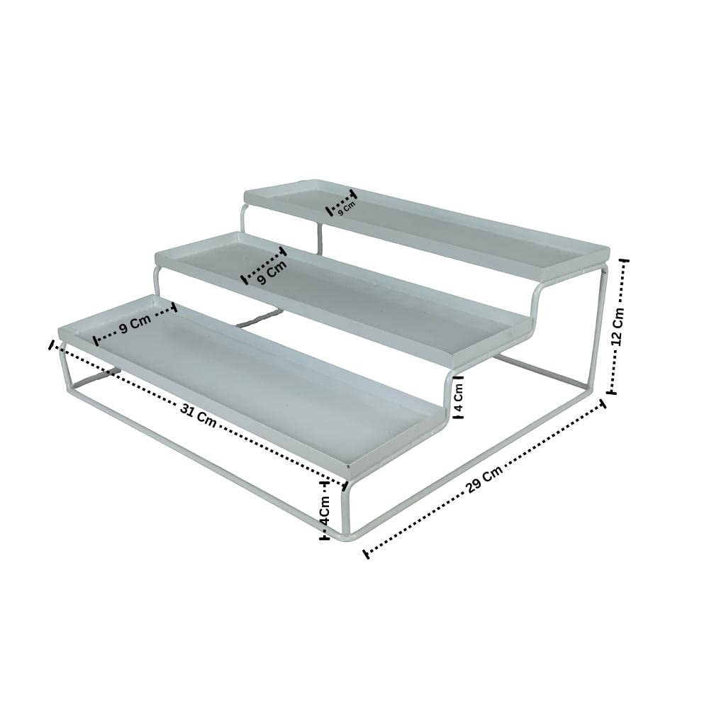 GoHooked white 3-tier step standing rack made of powder-coated iron for kitchen or bathroom organization. Ideal for spices, bottles, and jars.