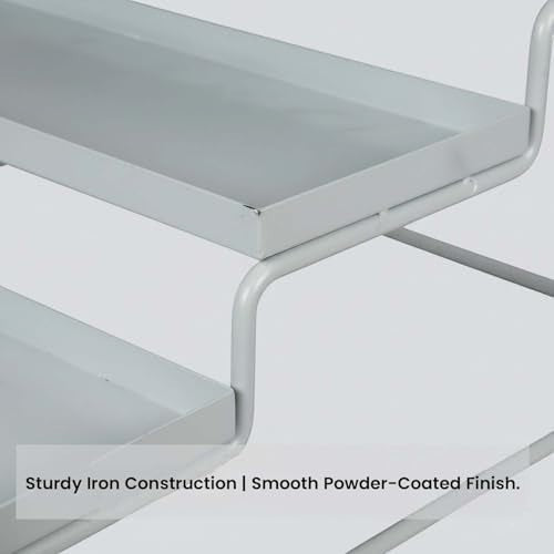 GoHooked white 3-tier step standing rack made of powder-coated iron for kitchen or bathroom storage.
