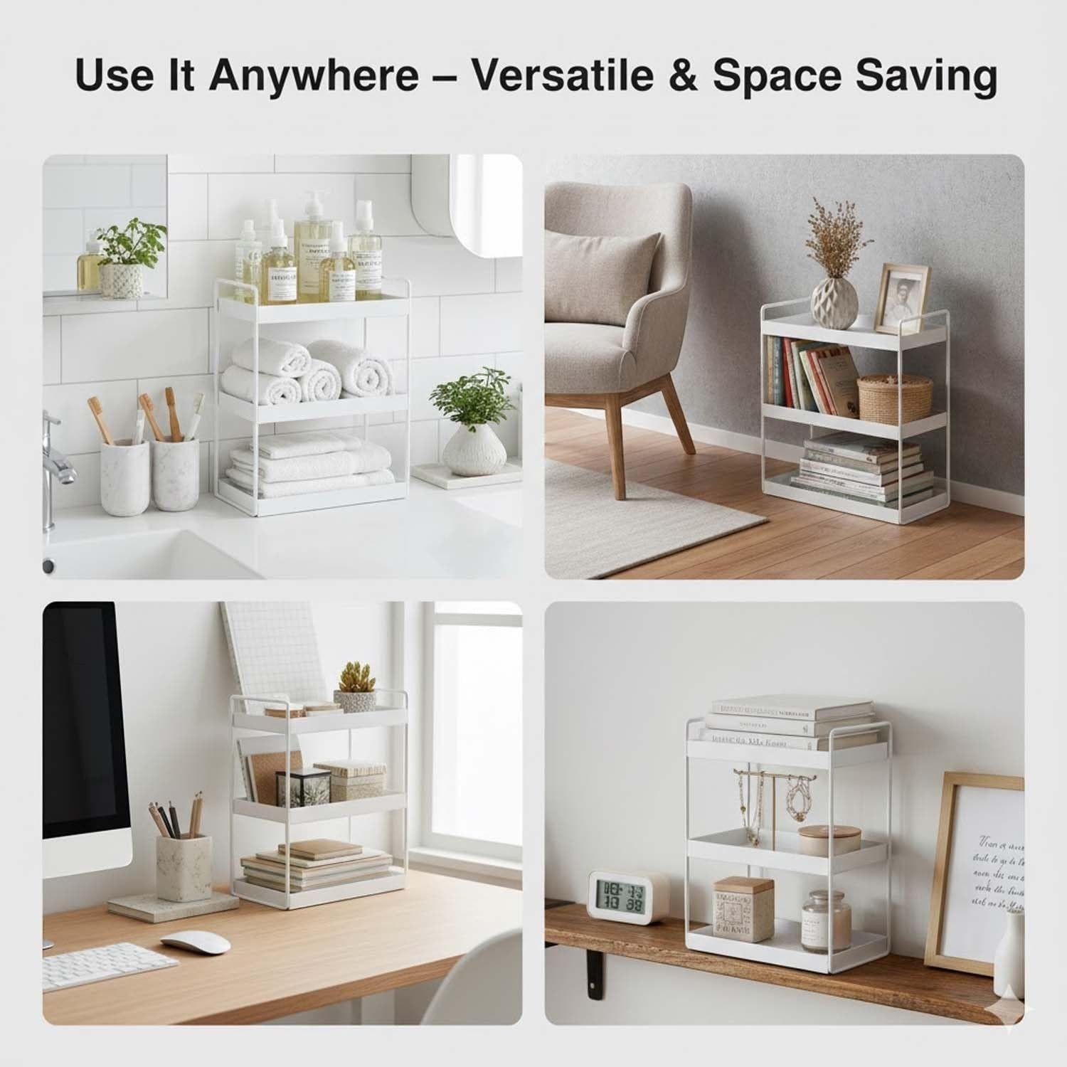 GoHooked white 3-tier iron standing rack organizer for kitchen, bathroom, or office storage. Space-saving shelf.