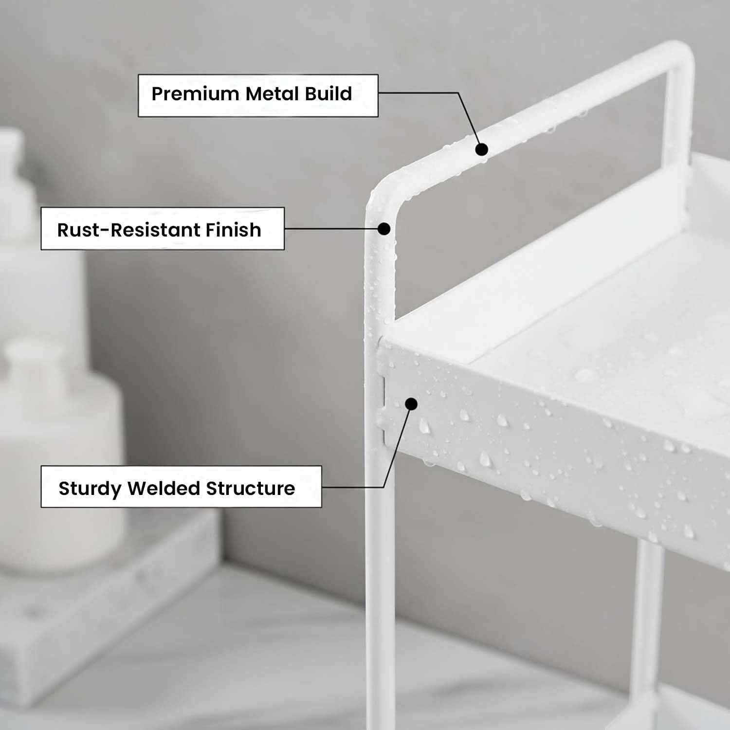 GoHooked white 3-tier standing iron rack organizer with rust-resistant finish and sturdy welded structure.